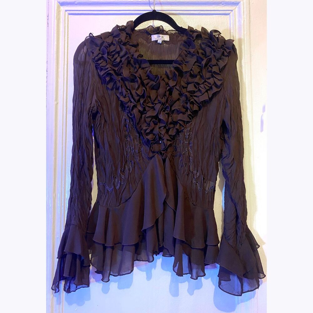Vintage Brown Ruffle Chiffon Blouse Y2K Whimsygoth Deadstock NWOT Size M